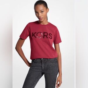 059 MICHAEL KORS Women's Sequined Logo Cotton T-Shirt, Fuchsia, X-Large